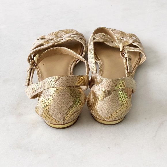 Michael Kors tan flat snake skin sandals (tan / beige / gold), ankle straps - Picture 5 of 7
